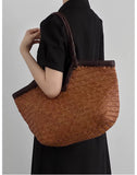 Italian Full Grain Cowhide Handwoven Basket Bag | Artisan Leather Shoulder Hobo Tote