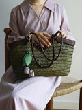 Handwoven Full Grain Cowhide Leather Basket Tote | V-Cut Rim Leather Shoulder Bag | Summer Beach Bag in Two Sizes