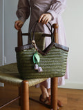 Handwoven Full Grain Cowhide Leather Basket Tote | V-Cut Rim Leather Shoulder Bag | Summer Beach Bag in Two Sizes