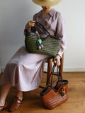 Handwoven Full Grain Cowhide Leather Basket Tote | V-Cut Rim Leather Shoulder Bag | Summer Beach Bag in Two Sizes