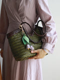 Handwoven Full Grain Cowhide Leather Basket Tote | V-Cut Rim Leather Shoulder Bag | Summer Beach Bag in Two Sizes