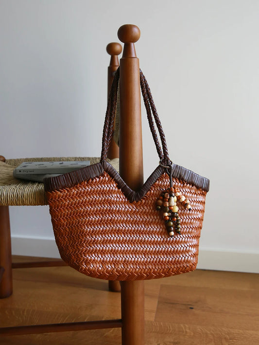 Italian Full Grain Cowhide Handwoven Basket Bag | Artisan Leather Shoulder Hobo Tote