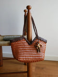 Handwoven Full Grain Cowhide Leather Basket Tote | V-Cut Rim Leather Shoulder Bag | Summer Beach Bag in Two Sizes