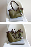 Handwoven Full Grain Cowhide Leather Basket Tote | V-Cut Rim Leather Shoulder Bag | Summer Beach Bag in Two Sizes