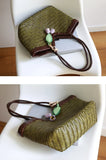 Handwoven Full Grain Cowhide Leather Basket Tote | V-Cut Rim Leather Shoulder Bag | Summer Beach Bag in Two Sizes