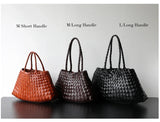 Three woven leather trapezoidal shoulder bags in brown, burgundy, and black with short and long handles, displayed side by side.