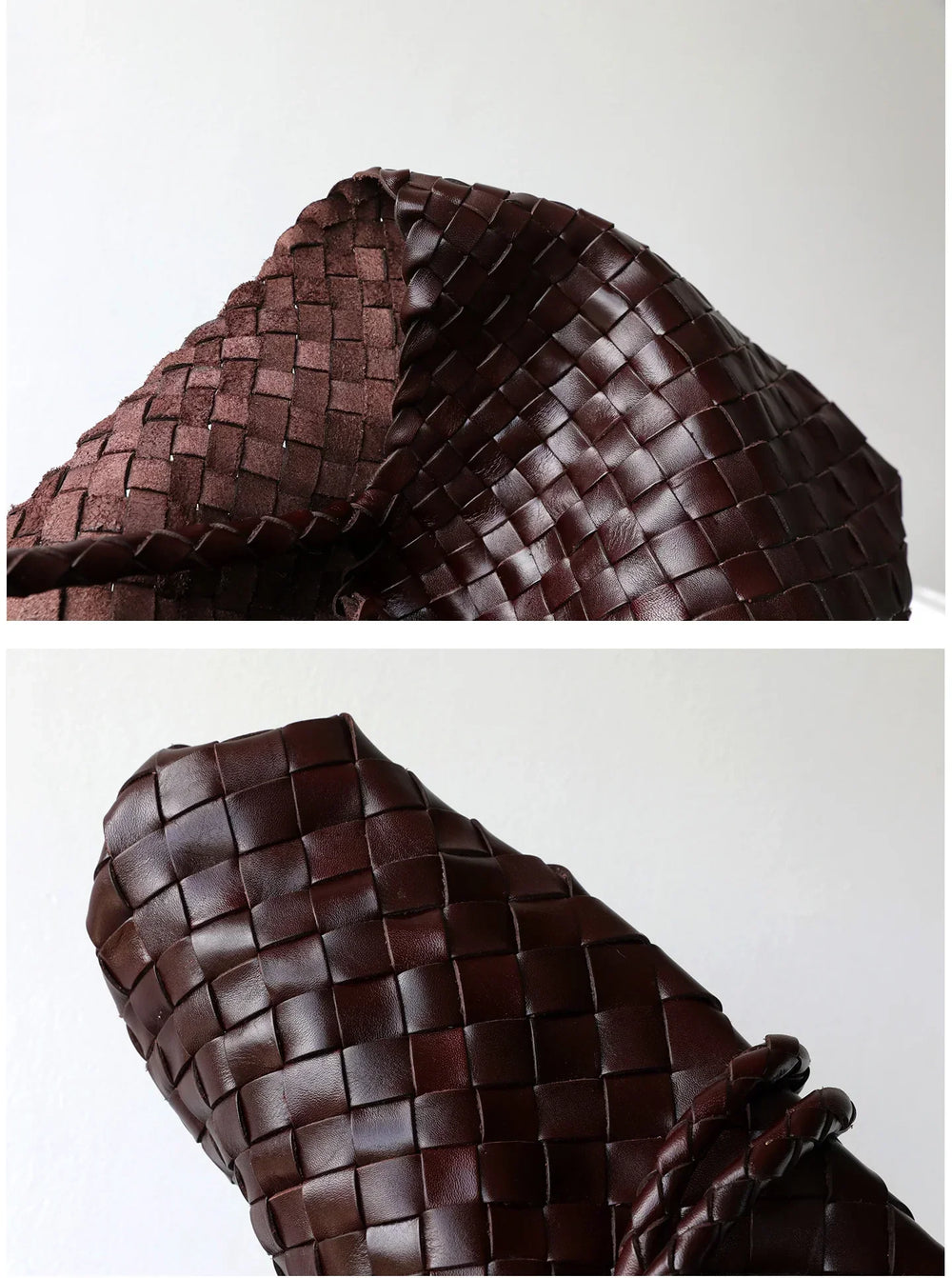 Close-up of dark brown woven leather hobo bag with trapezoidal shape and long handle