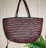 Handcrafted Italian Full Grain Leather Woven Handbag | Bamboo Style Basket Bag
