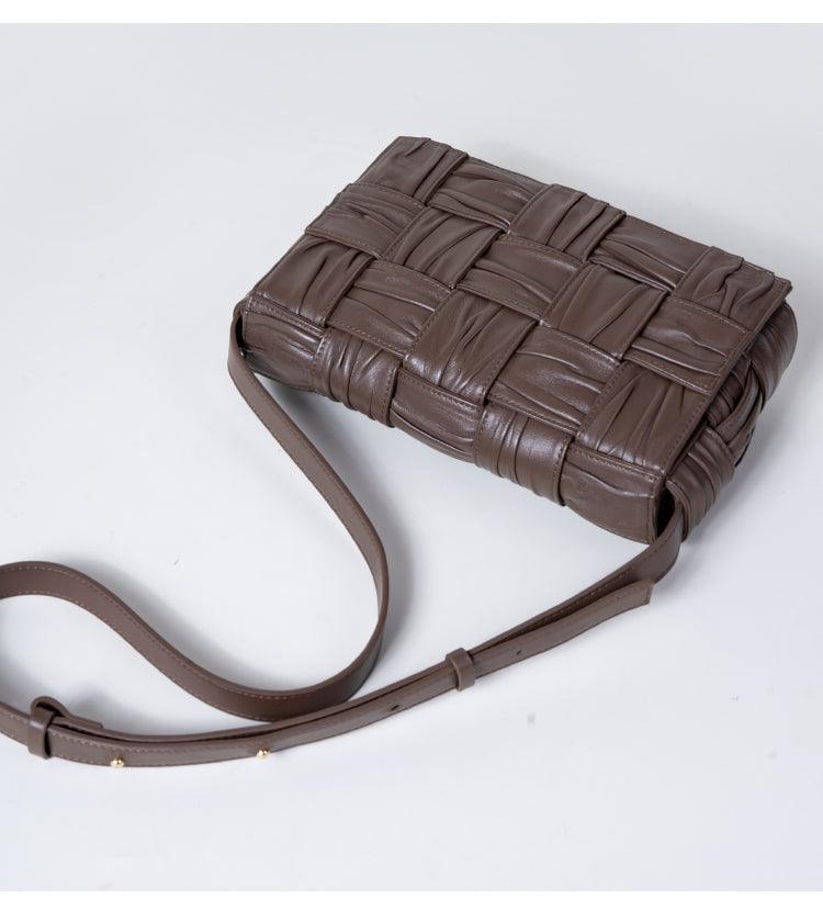 Italy Lambskin Leather Quilted Elegant Shoulder Bag, Wrinkle Leather Handwoven Bag, Trendy Boutique Designer Bag, Classic Style Leather Bag, Dark Brown