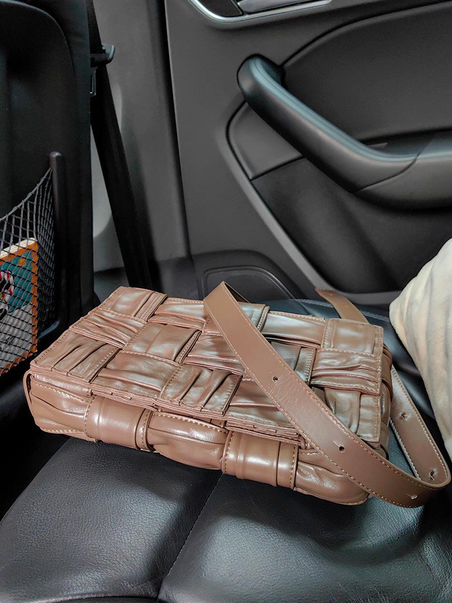 Italy Lambskin Leather Quilted Elegant Shoulder Bag, Wrinkle Leather Handwoven Bag, Trendy Boutique Designer Bag, Classic Style Leather Bag, Dark Brown