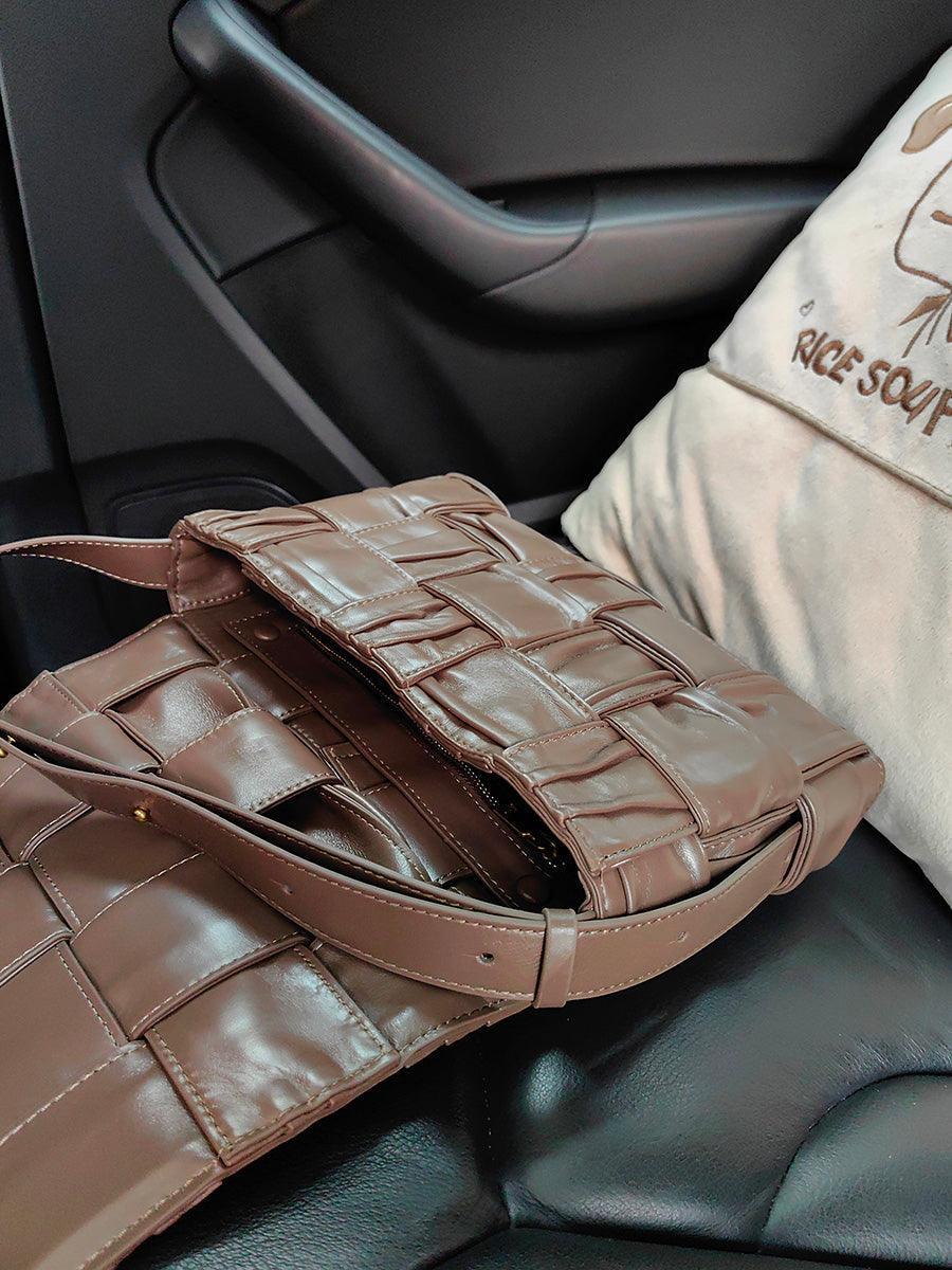 Italy Lambskin Leather Quilted Elegant Shoulder Bag, Wrinkle Leather Handwoven Bag, Trendy Boutique Designer Bag, Classic Style Leather Bag, Dark Brown