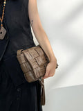 Italy Lambskin Leather Quilted Elegant Shoulder Bag, Wrinkle Leather Handwoven Bag, Trendy Boutique Designer Bag, Classic Style Leather Bag, Dark Brown