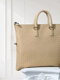 Beige woven lambskin leather tote bag with double handles, elegant and large size