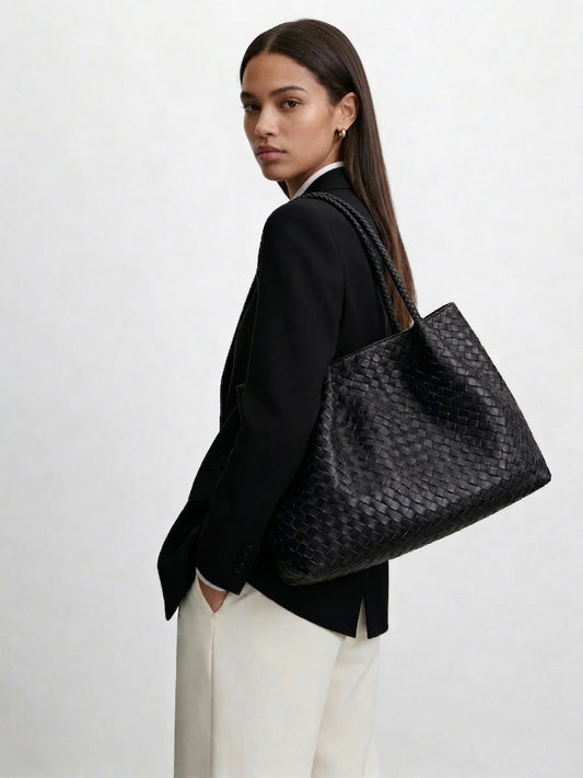 Italy Lambskin Leather Tote, Large Intrecciato Leather Bag, Classic Elegant Tote in Trendy, Designer Bag, Gift to Her