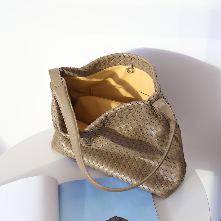 Large taupe woven lambskin leather tote bag with double straps and yellow interior pocket