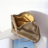 Large taupe woven lambskin leather tote bag with double straps and yellow interior pocket
