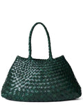 Green woven leather hobo bag with top handles in a trapezoidal shape on white background