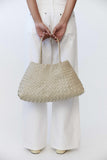 Italy Leather Woven Bag Hobo Trapezoidal Shoulder Bag (Long Handle) | New Style Summer Beach Bag Full Grain Leather Triple Jump Bamboo HandBag, Handcrafted Basket Bag