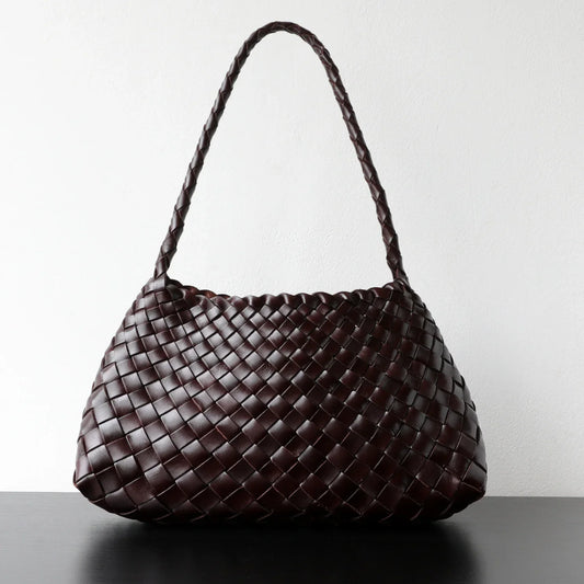 Italy Woven Leather Hobo Bag | Interwoven Summer Beach Bag, Full Grain Leather Triple Jump Bamboo HandBag, Black Leather Hobo Bag