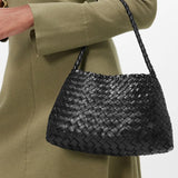 Italy Woven Leather Hobo Bag | Interwoven Summer Beach Bag, Full Grain Leather Triple Jump Bamboo HandBag, Black Leather Hobo Bag