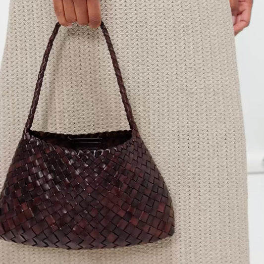 Italy Woven Leather Hobo Bag | Interwoven Summer Beach Bag, Full Grain Leather Triple Jump Bamboo HandBag, Black Leather Hobo Bag