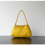 Italy Woven Leather Hobo Bag | Interwoven Summer Beach Bag, Full Grain Leather Triple Jump Bamboo HandBag, Black Leather Hobo Bag