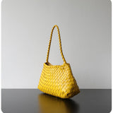 Italy Woven Leather Hobo Bag | Interwoven Summer Beach Bag, Full Grain Leather Triple Jump Bamboo HandBag, Black Leather Hobo Bag
