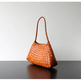 Italy Woven Leather Hobo Bag | Interwoven Summer Beach Bag, Full Grain Leather Triple Jump Bamboo HandBag, Black Leather Hobo Bag