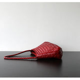 Italy Woven Leather Hobo Bag | Interwoven Summer Beach Bag, Full Grain Leather Triple Jump Bamboo HandBag, Black Leather Hobo Bag