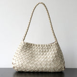 Italy Woven Leather Hobo Bag | Interwoven Summer Beach Bag, Full Grain Leather Triple Jump Bamboo HandBag, Black Leather Hobo Bag