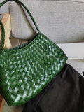 Italy Woven Leather Hobo Bag | Interwoven Summer Beach Bag, Full Grain Leather Triple Jump Bamboo HandBag, Black Leather Hobo Bag