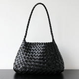 Italy Woven Leather Hobo Bag | Interwoven Summer Beach Bag, Full Grain Leather Triple Jump Bamboo HandBag, Black Leather Hobo Bag