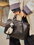 Large Cowhide Leather Boston Bag, Vintage Matte Leather Crossbody & Commuter Satchel with Sheep Charm