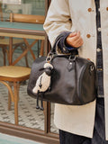 Large Cowhide Leather Boston Bag, Vintage Matte Leather Crossbody & Commuter Satchel with Sheep Charm