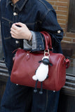Large Cowhide Leather Boston Bag, Vintage Matte Leather Crossbody & Commuter Satchel with Sheep Charm
