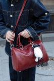 Large Cowhide Leather Boston Bag, Vintage Matte Leather Crossbody & Commuter Satchel with Sheep Charm