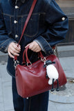 Large Cowhide Leather Boston Bag, Vintage Matte Leather Crossbody & Commuter Satchel with Sheep Charm