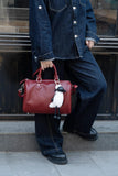 Large Cowhide Leather Boston Bag, Vintage Matte Leather Crossbody & Commuter Satchel with Sheep Charm
