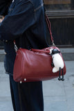 Large Cowhide Leather Boston Bag, Vintage Matte Leather Crossbody & Commuter Satchel with Sheep Charm