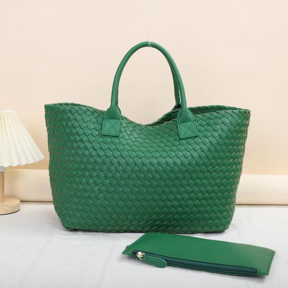 Large Handwoven Vegan Leather Tote/Weekend Bag in Onyx I Trendy Boutique Style ! Handmade Gift for Her - Alexel Crafts