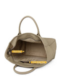 Large beige leather tote bag with spacious main compartment and inner zipper pocket, open view