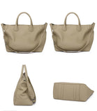 Large beige leather tote bag with top handles and shoulder strap, shown from multiple angles.