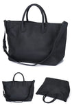 Large black leather tote bag with double handles and shoulder strap, shown from multiple angles.