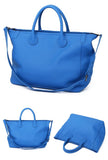 Large blue leather tote bag with top handles and shoulder strap, shown from multiple angles.