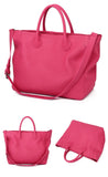 Large pink leather tote bag with handles and shoulder strap, shown from multiple angles.