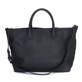 Large black leather tote bag with dual handles and detachable shoulder strap