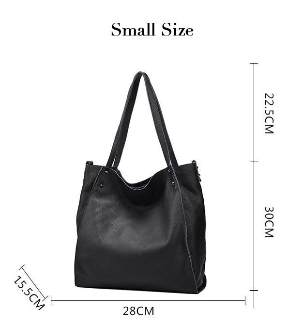 Small black cowhide leather tote bag with long handles and size dimensions labeled