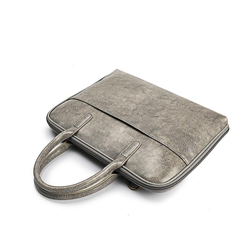 Slim leather briefcase for women, 14-inch laptop bag in light grey with dual handles