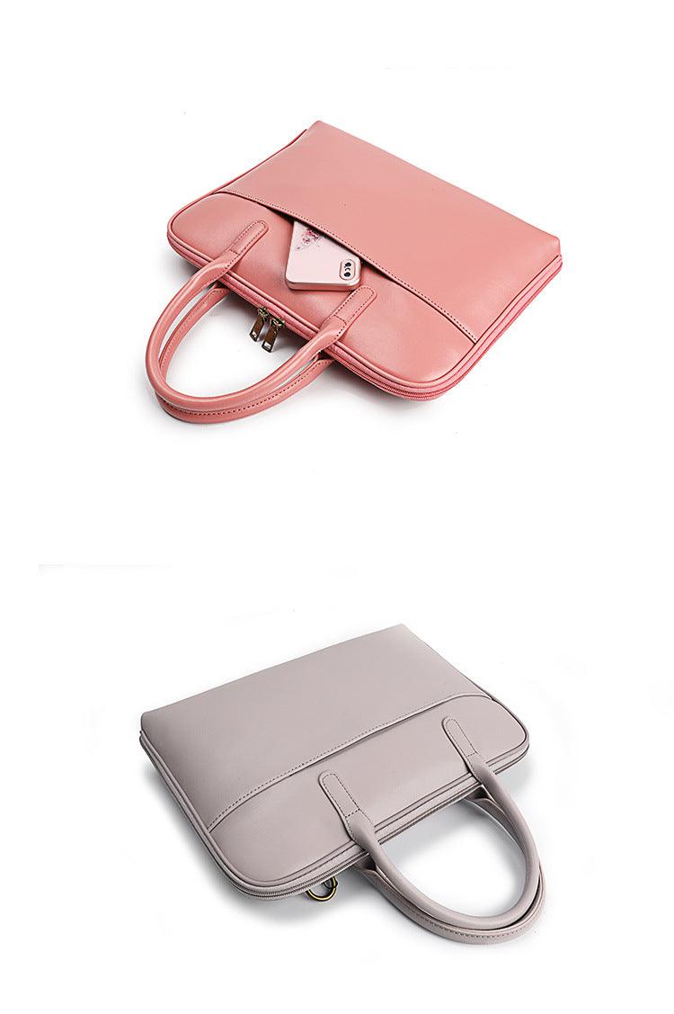 Two slim leather laptop bags for women, one pink and one taupe, with top handles and front pocket.