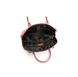 Open pink leather laptop bag with spacious interior compartments and multiple pockets